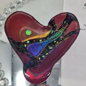 Karen Ehart "Crazy Heart Bowl" Colorful Dichroic Iridized Glass Gold Pen Signed